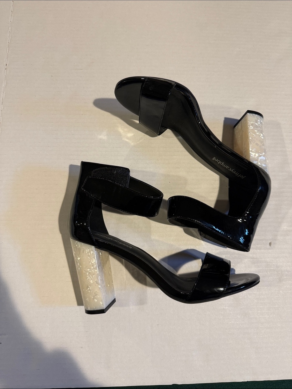 Jeffrey Campbell Black Patent Sandals with Cream Sculpted Block Heel